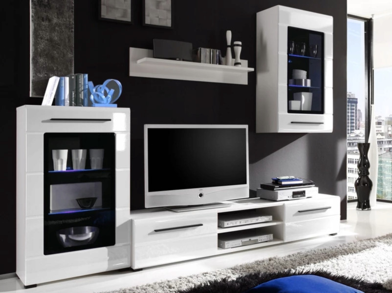Meblościanka PUMP MDF biały połysk 240cm szafka RTV półka komoda   LED