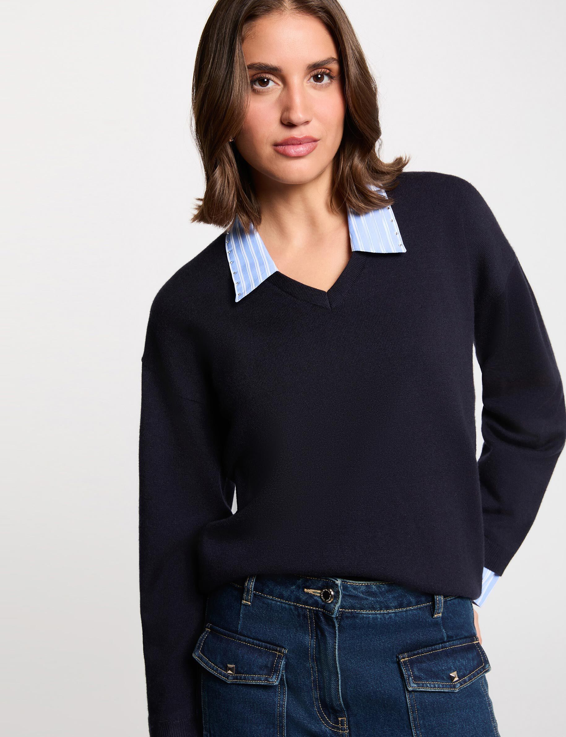 Striped Sweater With Turned-Down Collar Navy Blue Women