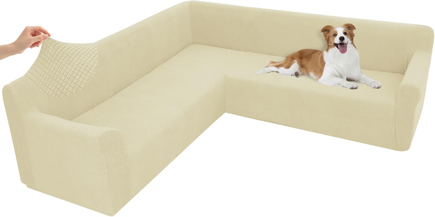 Arfntevss Stretch Sectional Couch Covers L Shaped Corner Sectional Sofa Cover Washable Jacquard Soft Fleece U Shape Sofa Slipcovers Anti Slip Furniture Protector for Dogs Pets (X-Large, Beige)