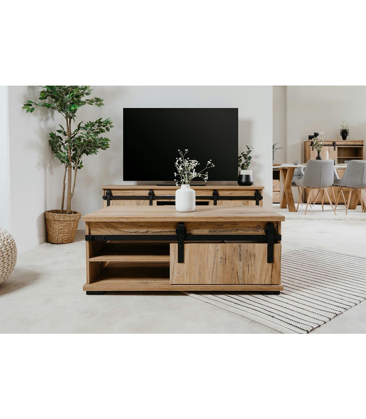 MANZANO - Table Basse avec Porte Coulissante L100 cm - Décor Bois Clair