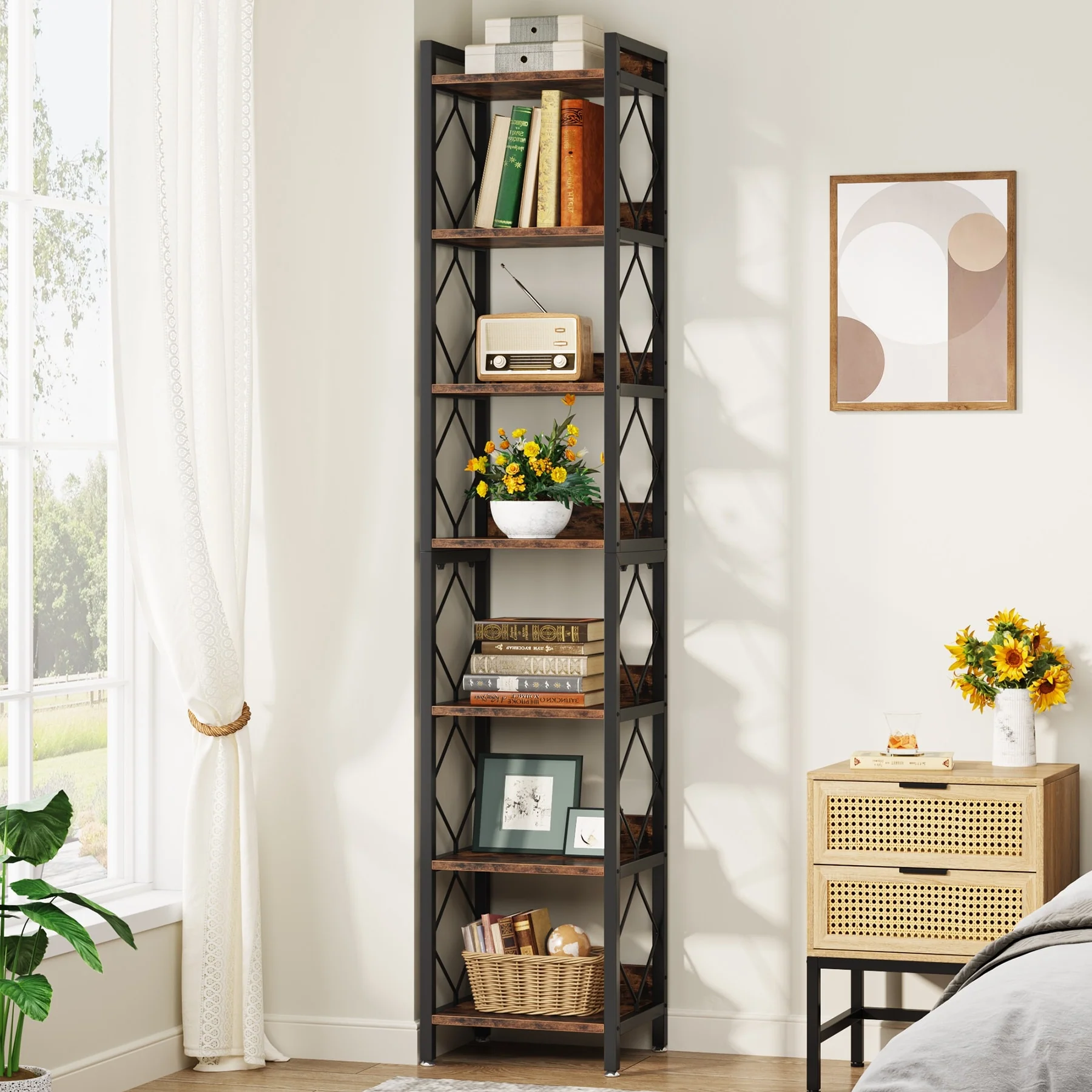 78.7 Inch Extra Tall Narrow Bookshelf, 7 Tier Corner Bookcase