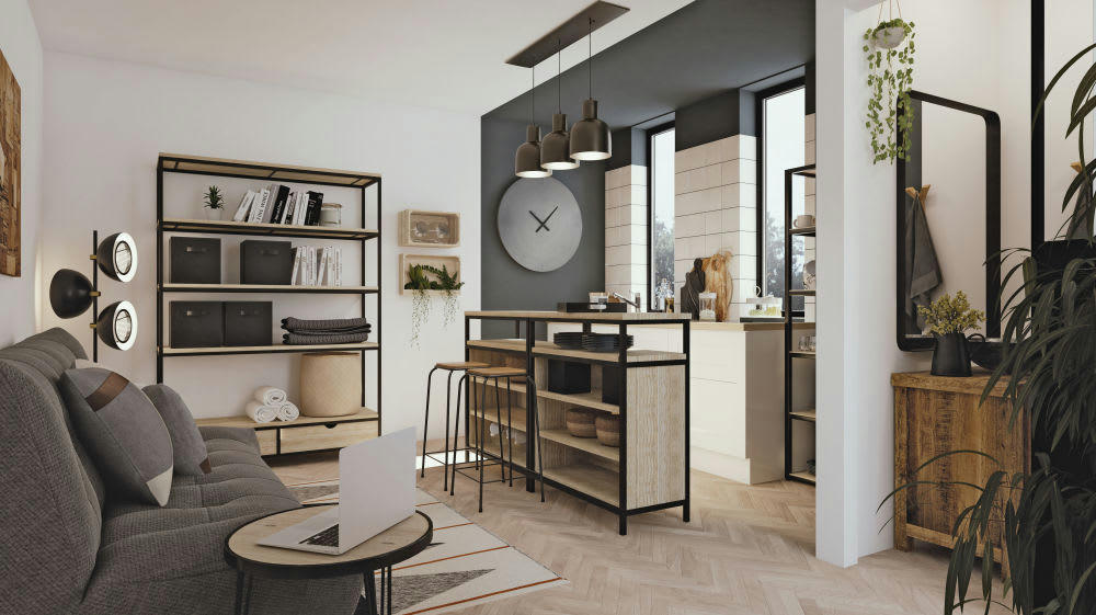 Long Island - Colonne industrielle en bois de sapin massif blanchi et métal