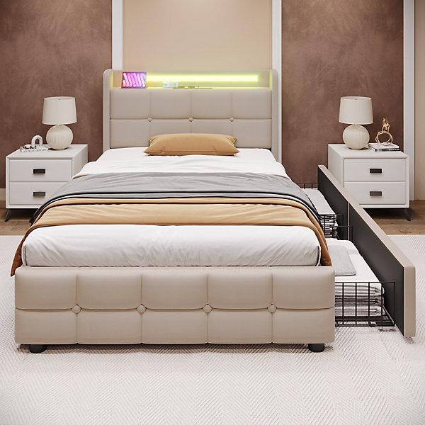 Lit avec rangement 90 x 200 cm - Lit Simple avec Tiroirs et LED - Lin Bois Métal - Sans Matelas - Beige