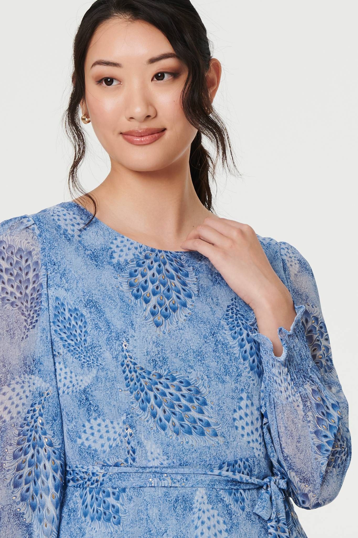Izabel London Feather Print Sheer Layered Maxi Dress