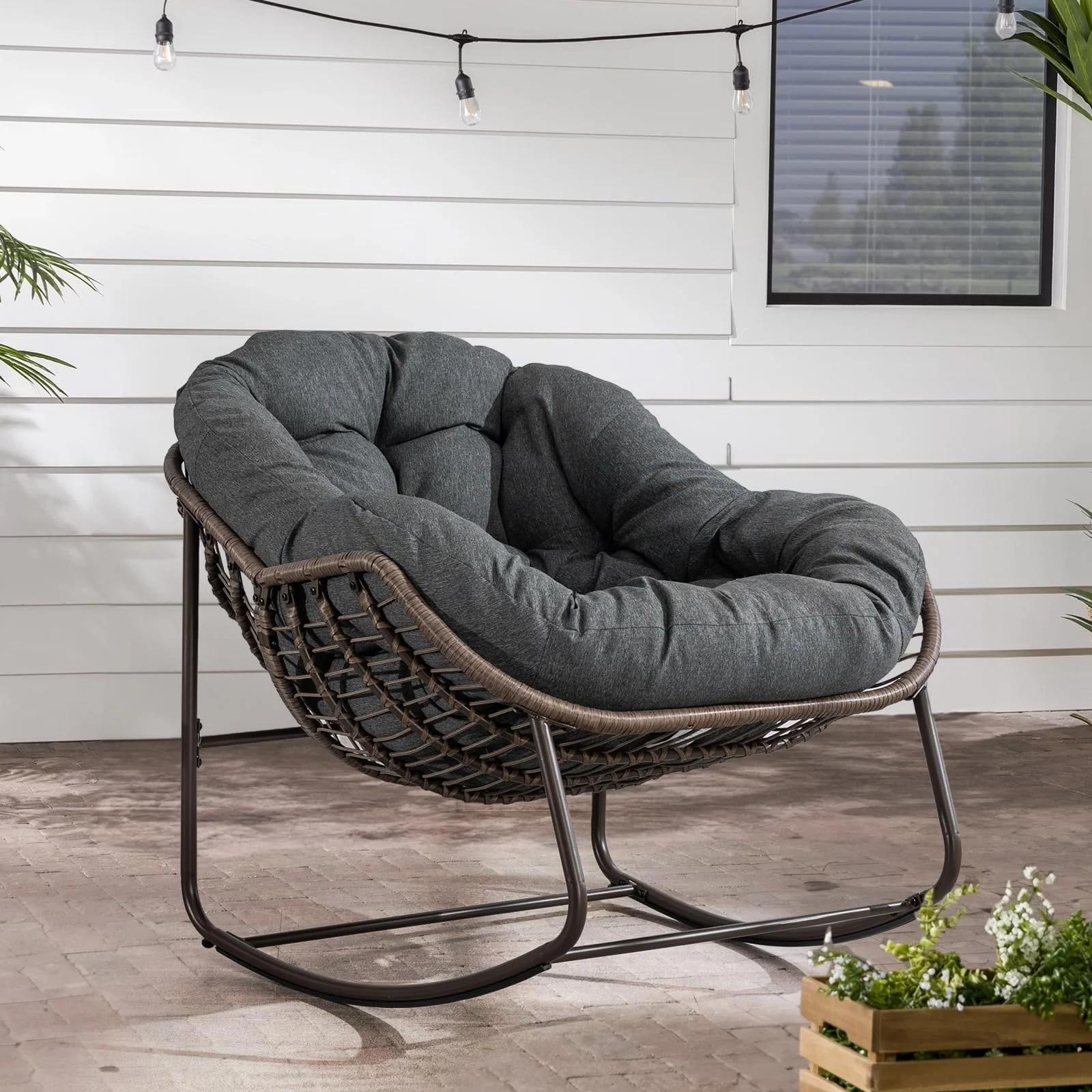Outdoor Padded Cushion Rocking Chair, Patio Oversized Rattan Egg Chair