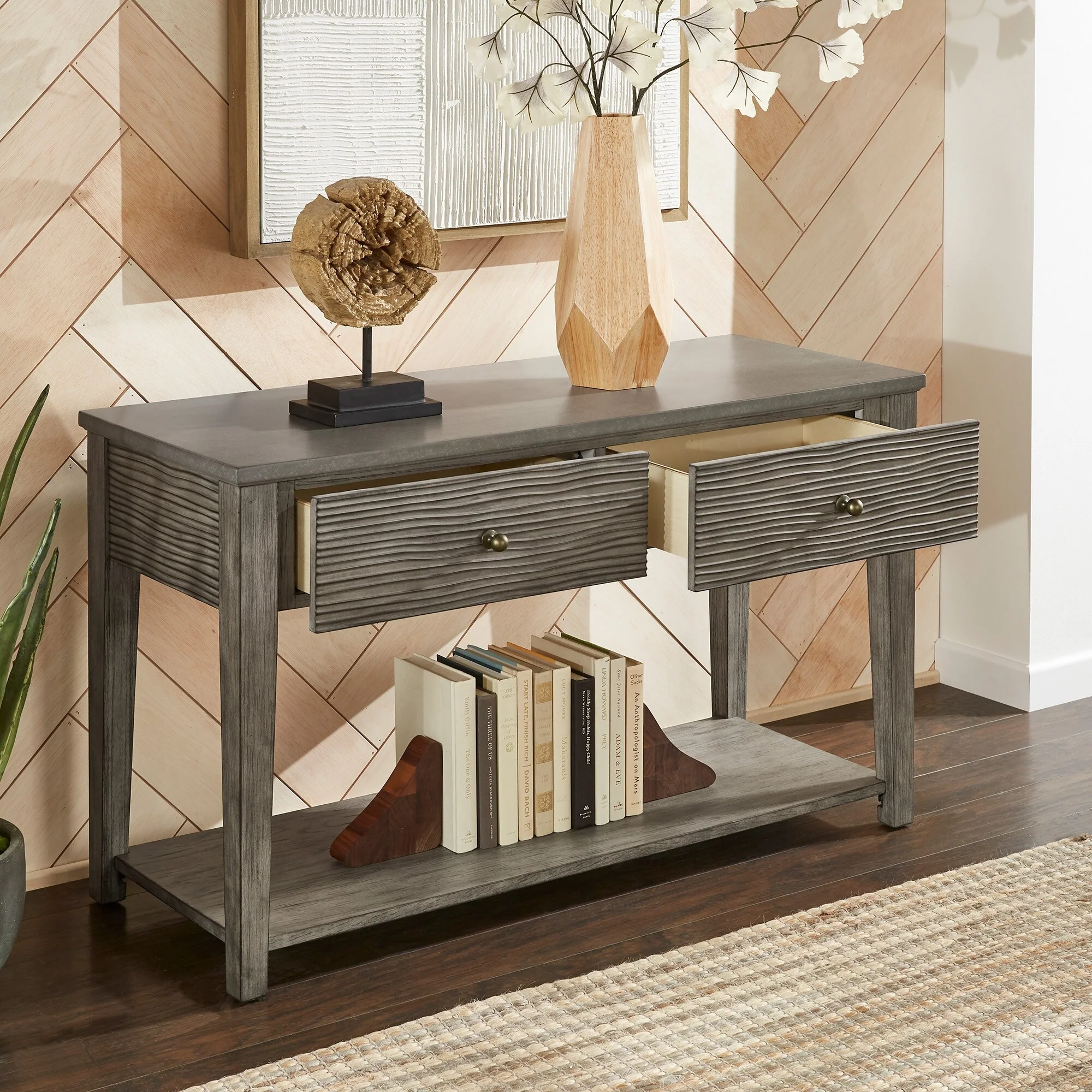 Coober Antique Grey Finish Grey Fiber Cement Sofa Table with Shelf by iNSPIRE Q Modern