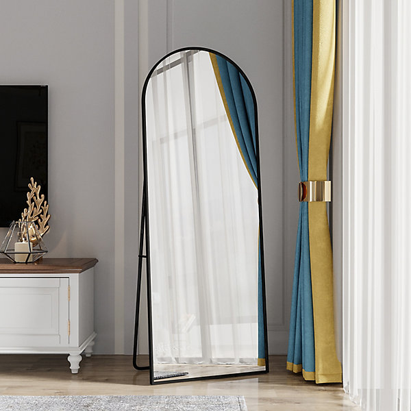 Miroir pleine longueur 162x53 cm, sur pied ou mural, cadre aluminium noir, grand miroir de sol rectangulaire pour salon ou chambre