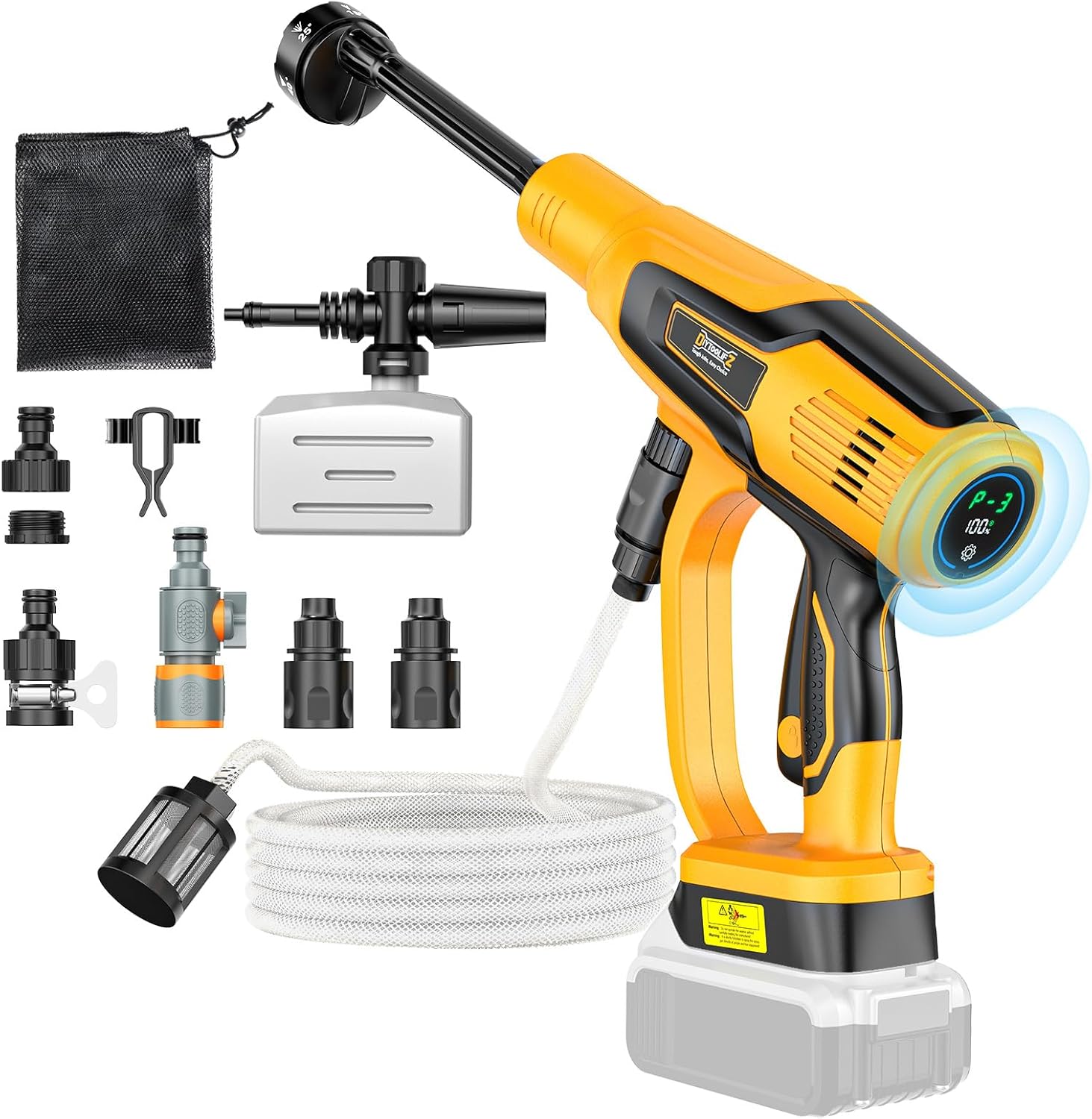 Car Cleaning Tools, 600W, Brushless Motor, 6-in-1 Nozzle & Foam Cannon for Car, Patio, Fence (Yellow)