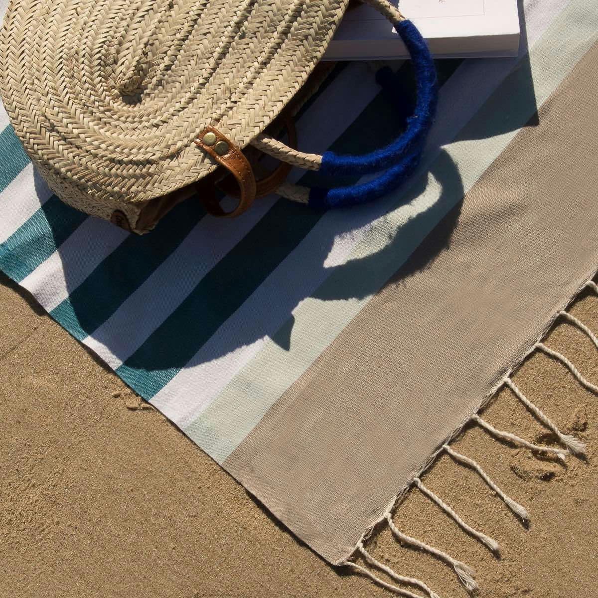 ARCACHON - Fouta tricolore coton  100x200 vert canard / vert d'eau