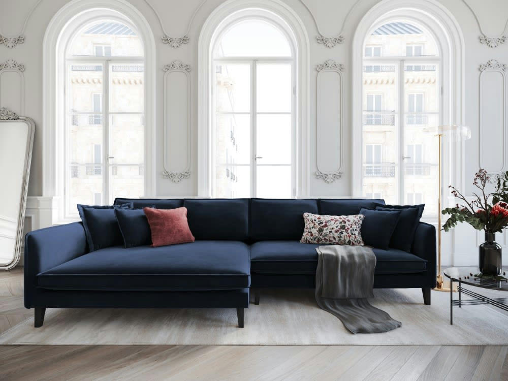 PROVENCE - Canapé d'angle 4 places en velours bleu foncé