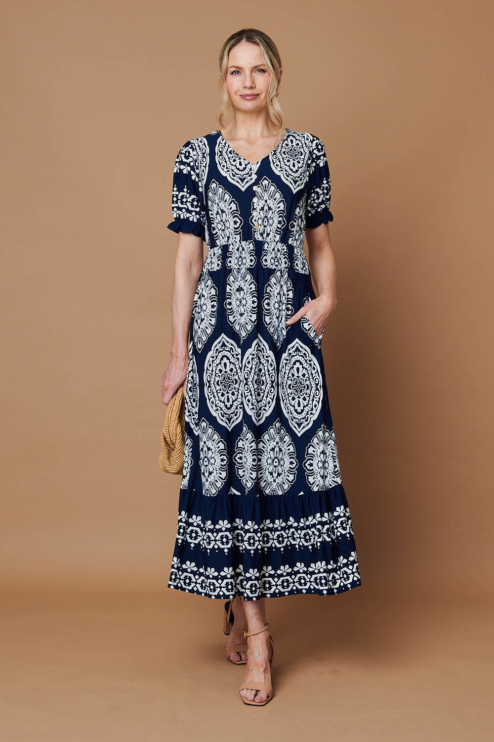 Izabel London Printed Shirred Puff Sleeve Maxi Dress