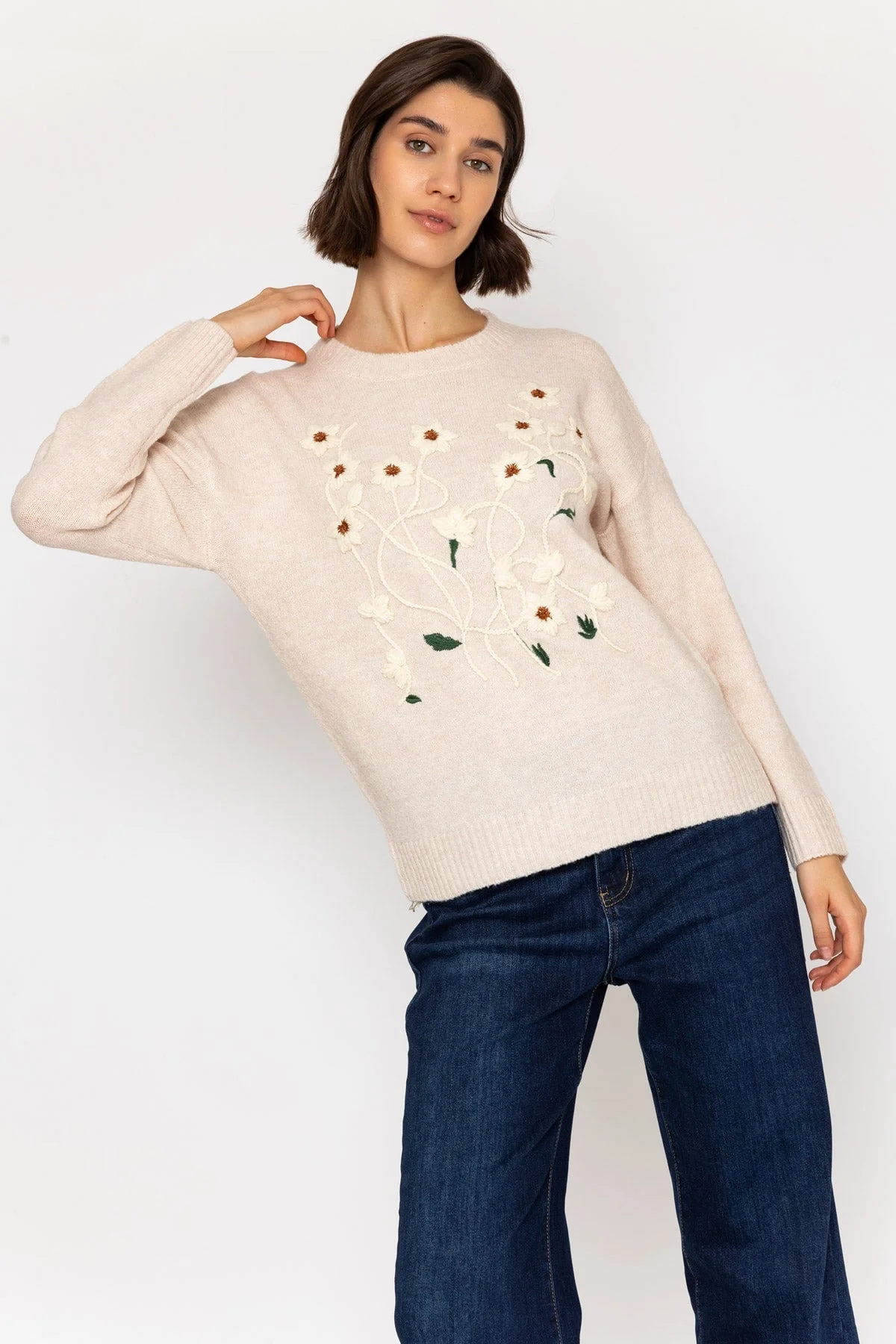 Cream Floral Stitch Knit Jumper