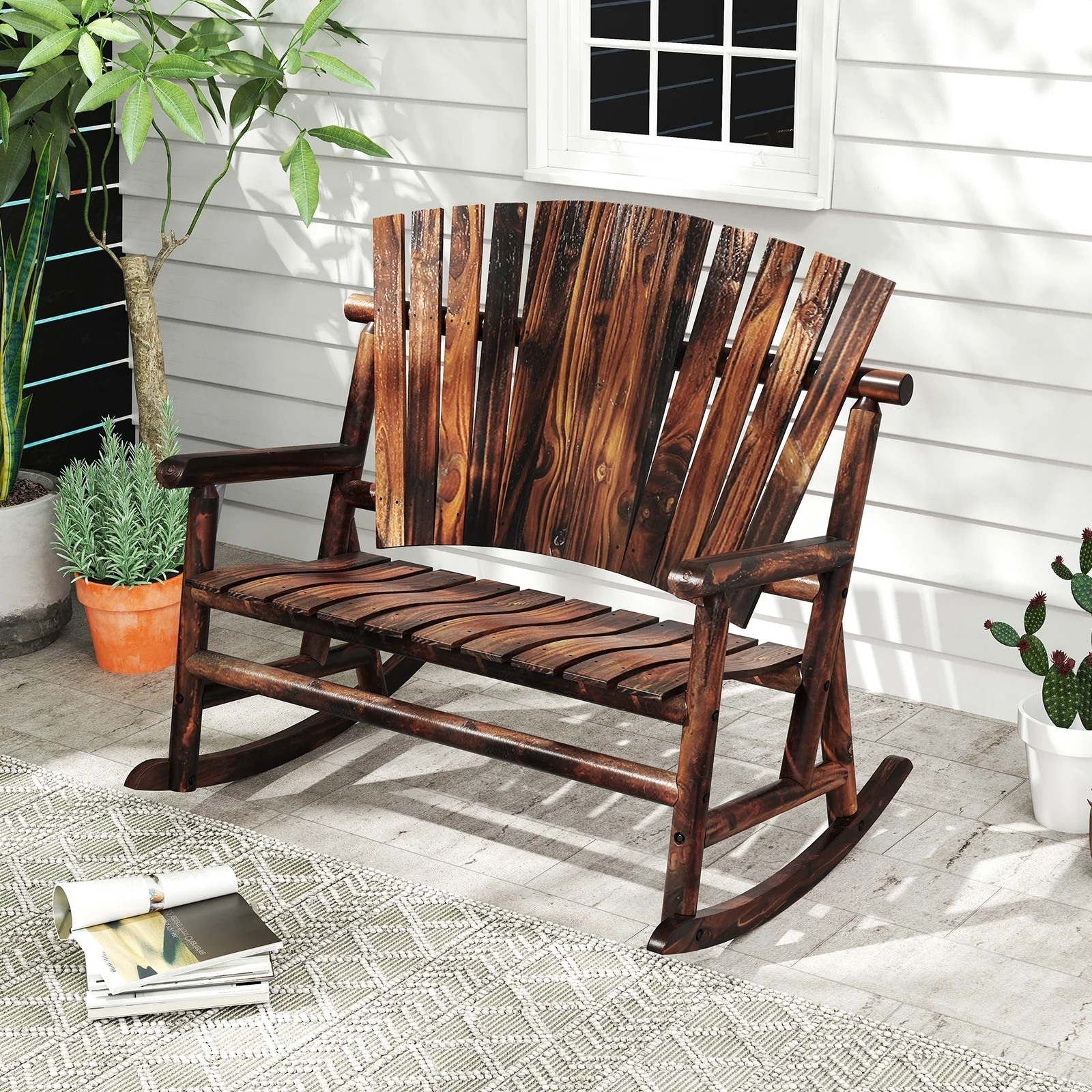 Brown Fir Pine Wood Adirondack Rocking Chair for Patio with High Back - 51 L x 38 W x 46 H