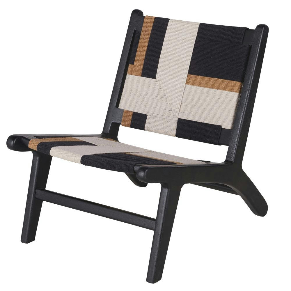 Swahi - Fauteuil bas en bois de manguier et coton beige, noir et marron