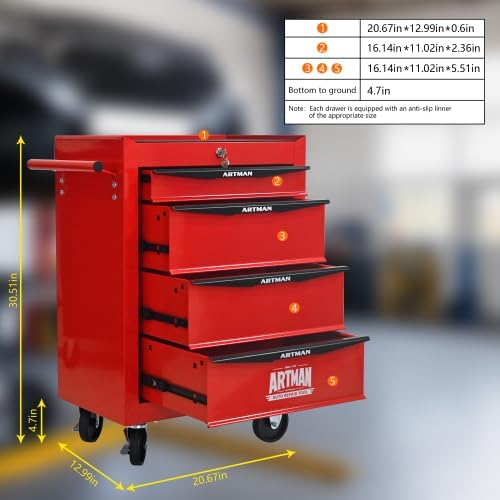 Rolling Metal Tool Chest with 4 Drawers, 20 4-Drawer Tool Chest Cabinet with Ball Bearing Drawer Slides, Steel Tool Storage Box Organizer -Red