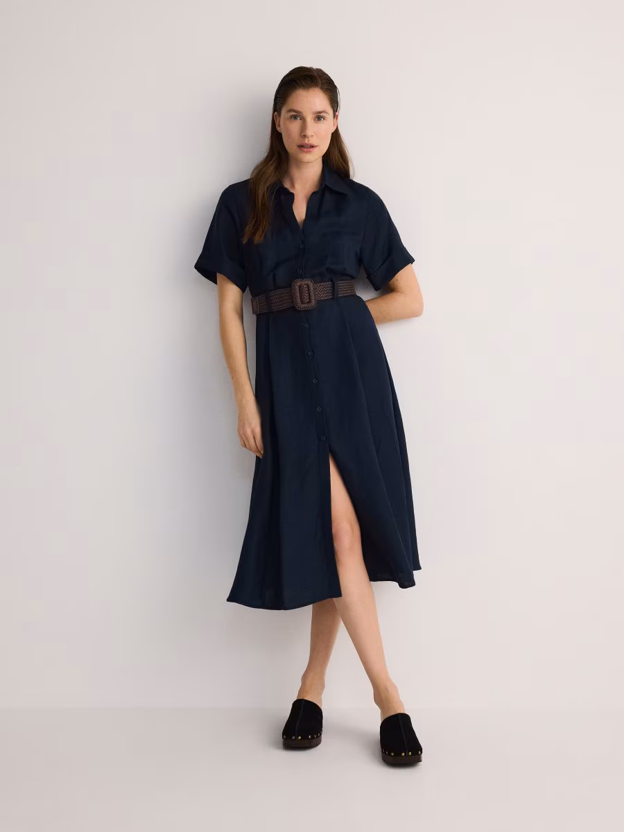 Linen Blend Midi Dress With Wattled Belt