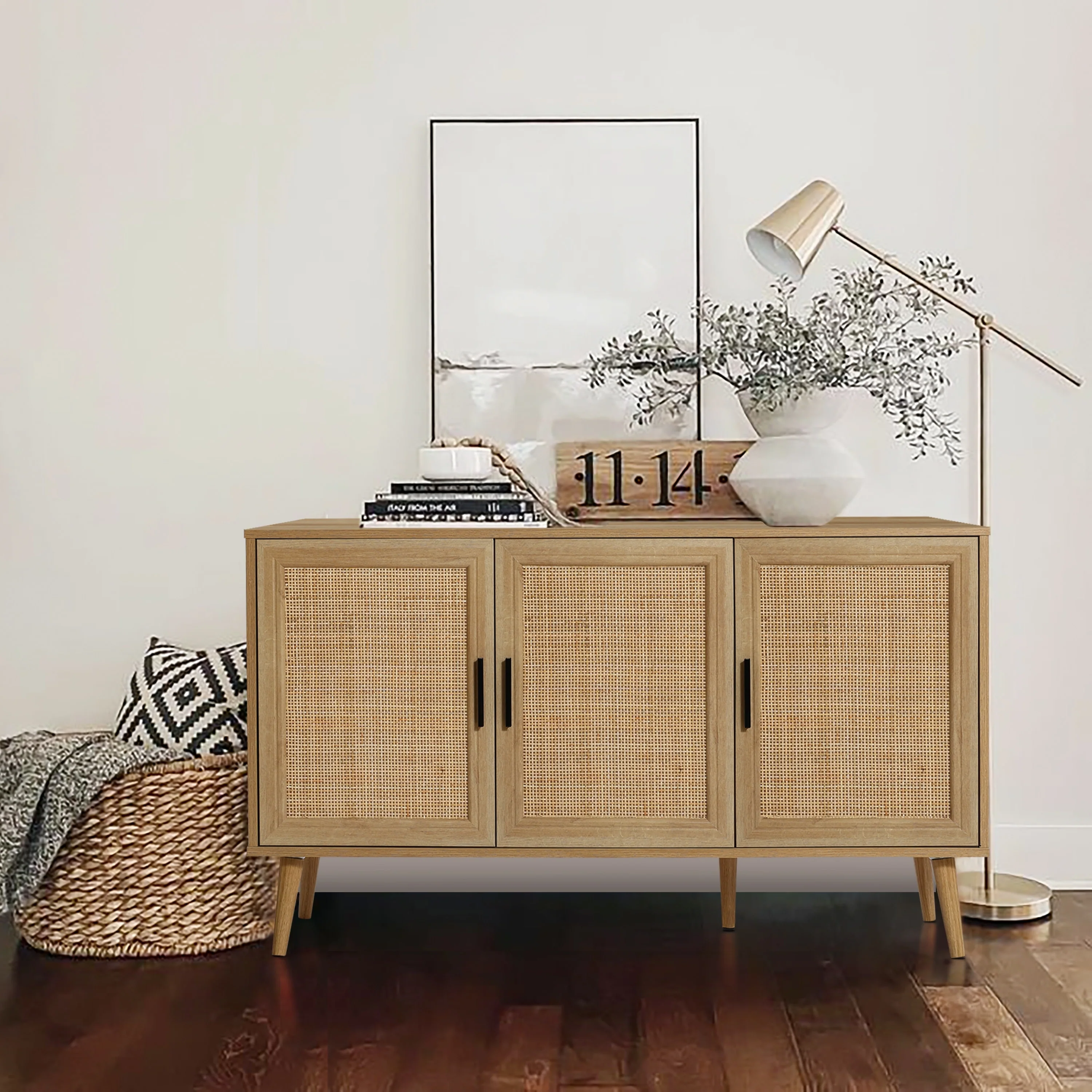 3-Door Rattan Light Oak Finish Manufactured Wood Sideboard Cabinet - 27.76 H x 47.24 W x 15.35 D