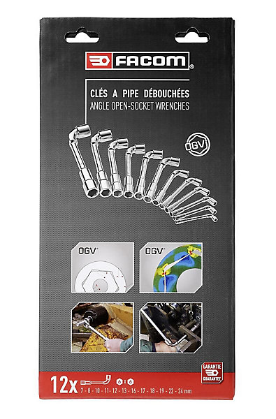 Clé à pipe débouchée forgée Facom 75.J12PB 12 pans x 6 pans métriques ø 20 mm, 12 pièces