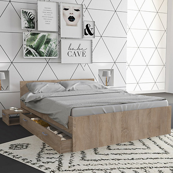Lit 2 places 140x190cm couleur Chêne TIDO inclus sommier, 1 chevet et 1tiroir pour rangement