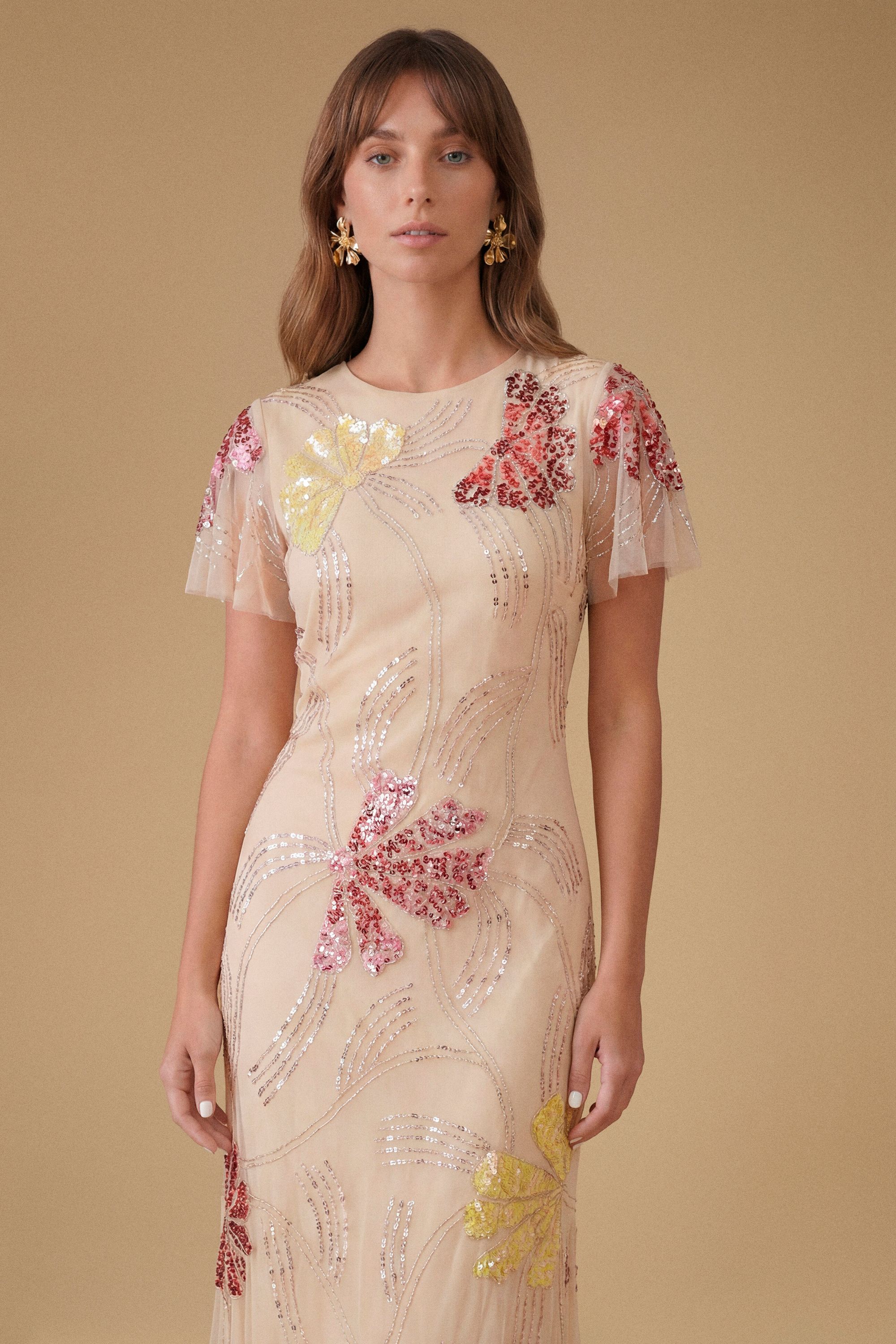 Oasis Fan Floral Embellished Angel Sleeve Maxi Dress