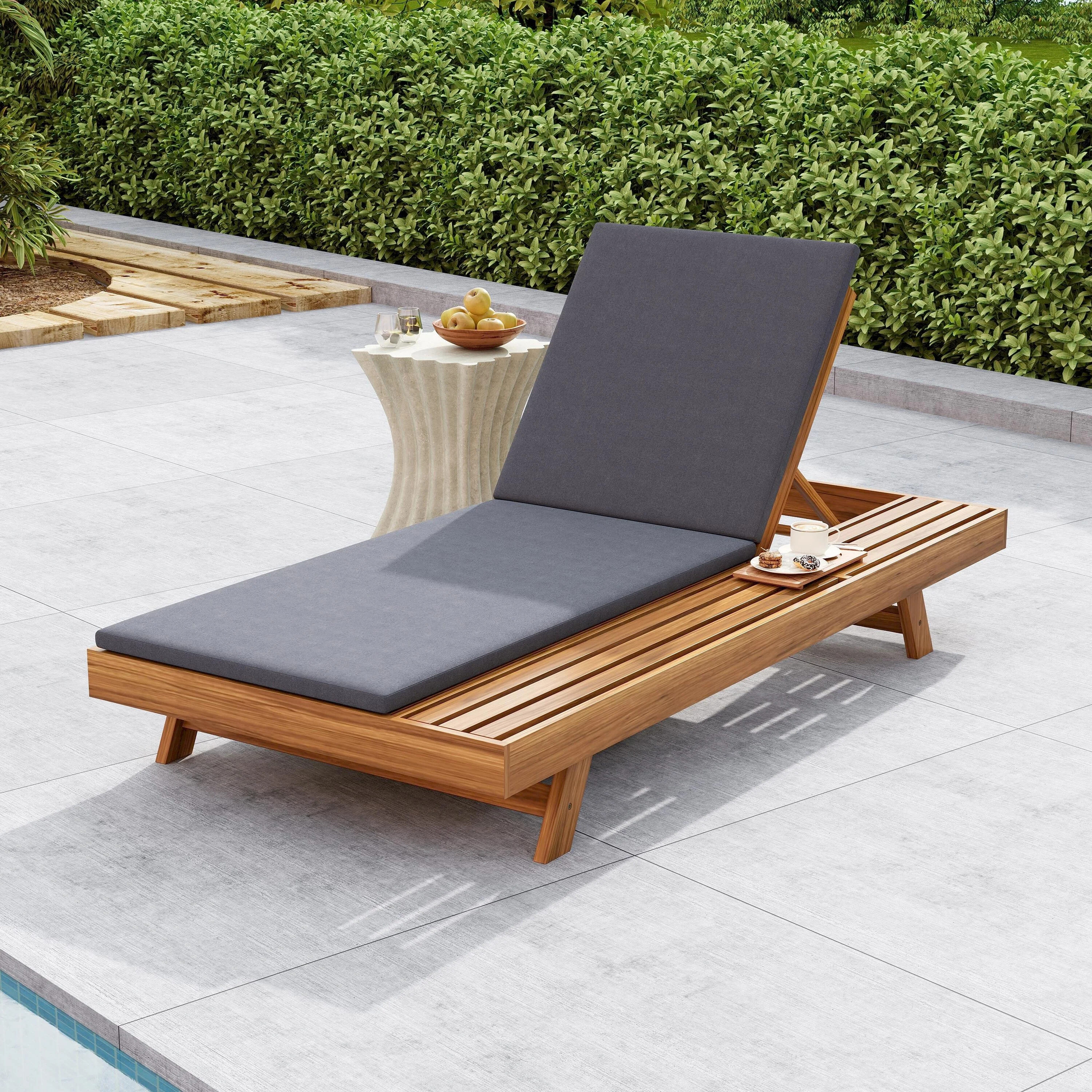 Roomfitters 4-Position Adjustable Acacia Chaise Lounge with Cushion, Outdoor Recliner for Patio or Poolside