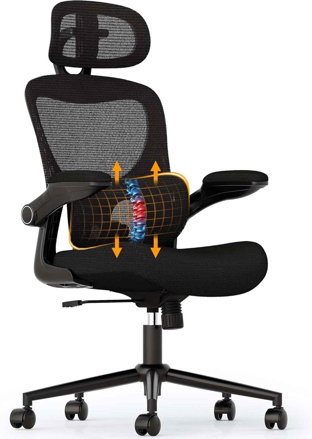 SUNNOW Ergonomic Office Chair, Comfy Mesh Desk Chair, High Back Computer Gaming Chairs with Adjustable Lumbar Support, Flip-Up Arms, Headrest, Tilt Function, Wide Cushion, Swivel Wheel, BIFMA Quality