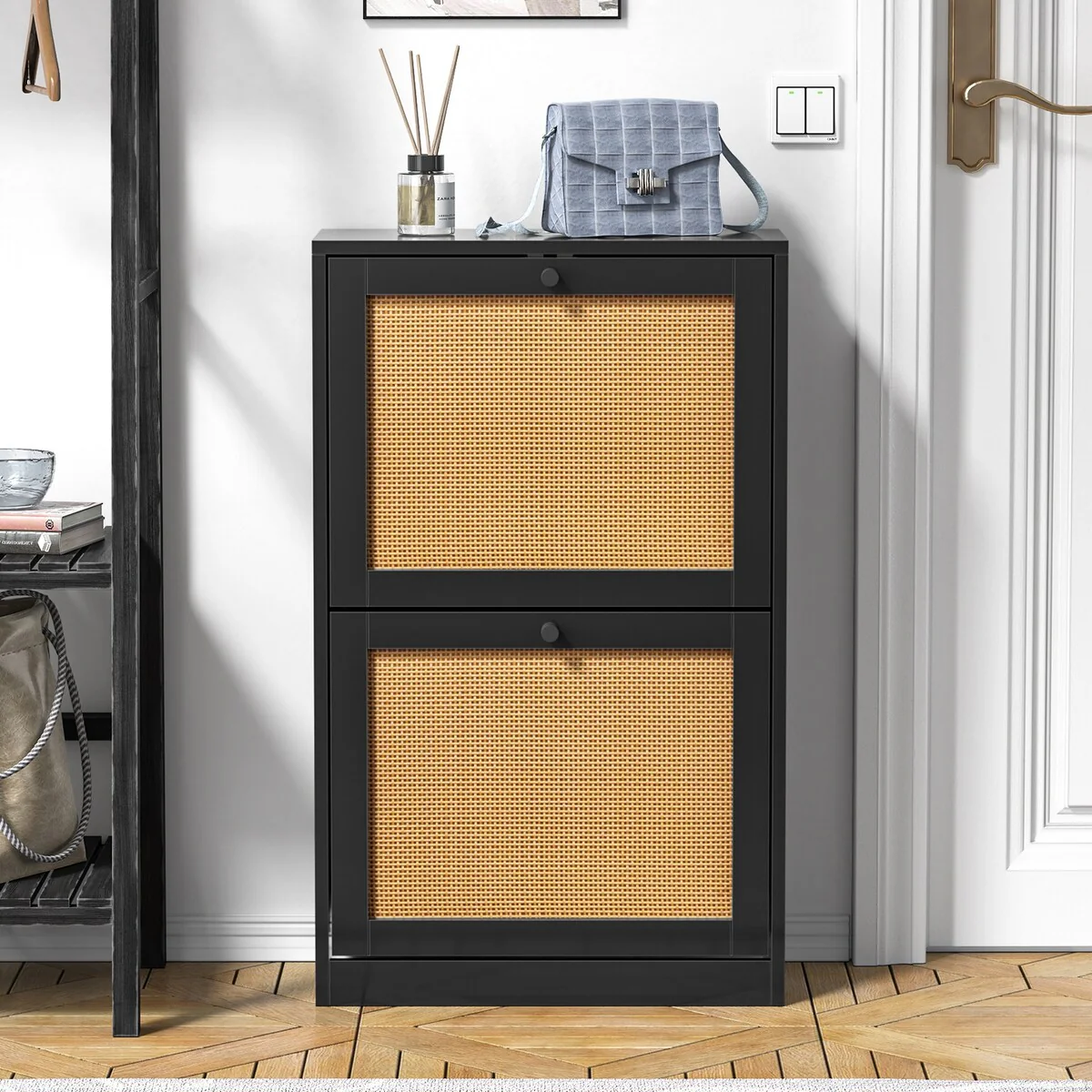 Anmytek 12 Pairs Black Shoe Storage Cabinet Freestanding Shoe Rack Organizer with 2 Flip Drawers - 20 W x 9 D x 33 H