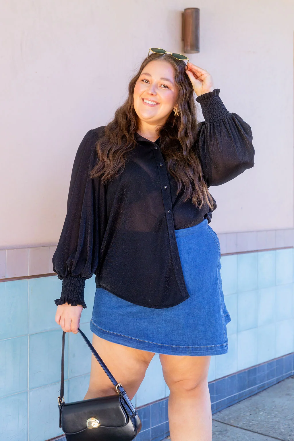 Long Sleeve Shirred Cuff Shirt in Black