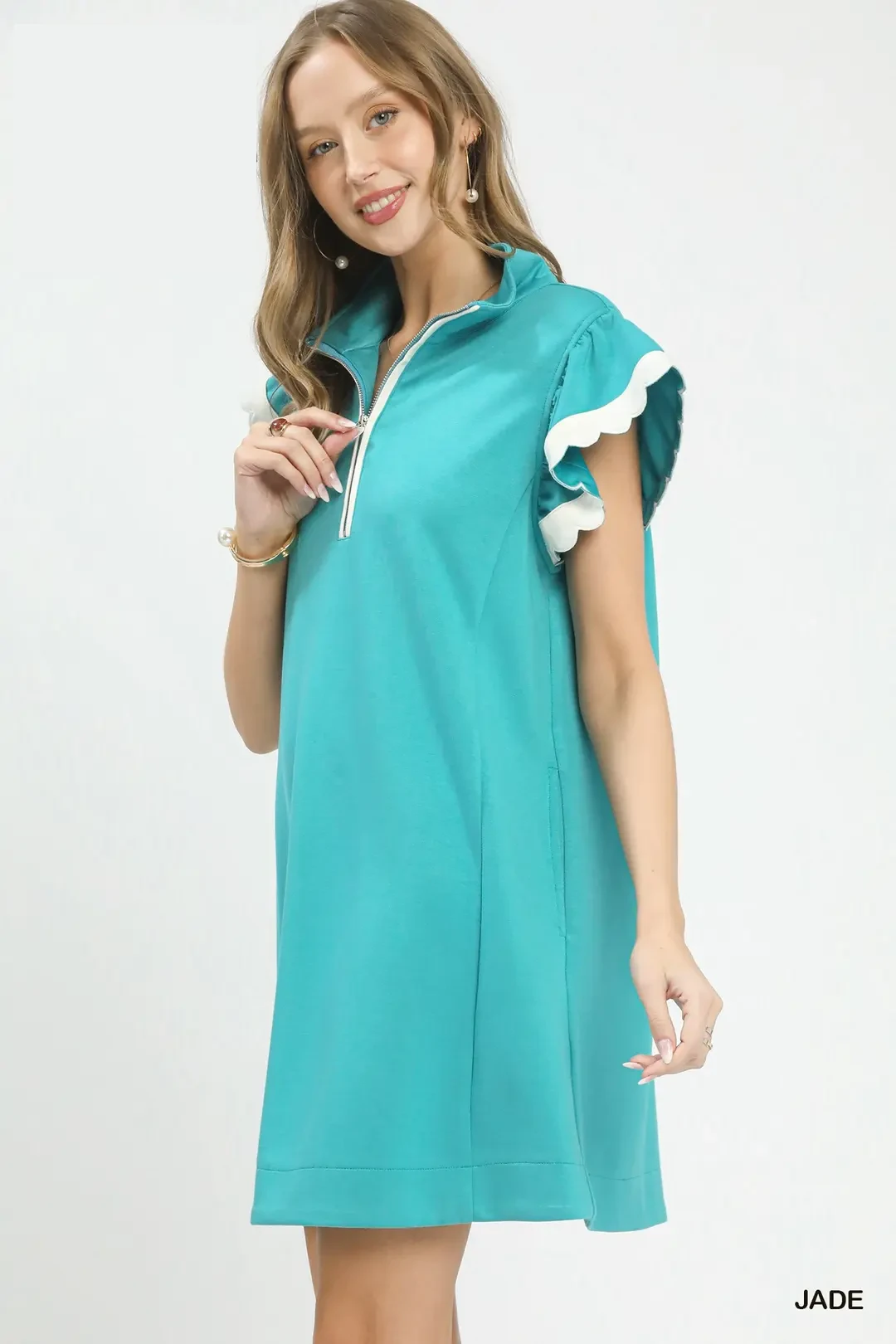 Zip-Neck Flutter Sleeve Dress
