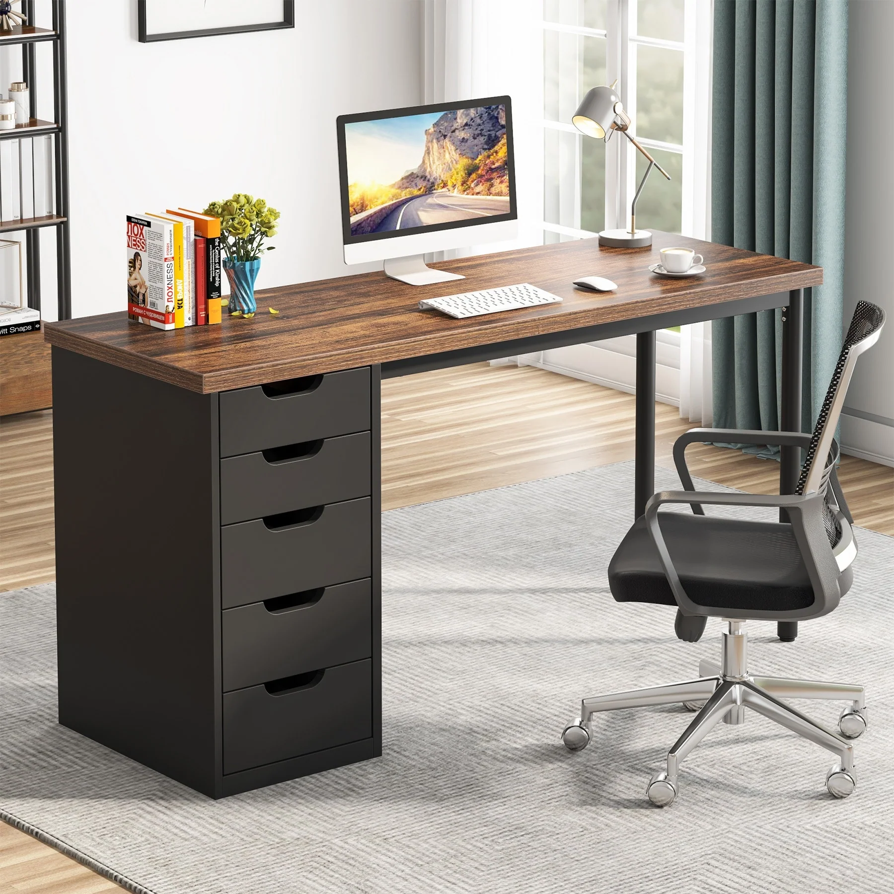 47-inch Computer Desk with 5-drawer, Wood and Metal Writing Desk for Study Living Room
