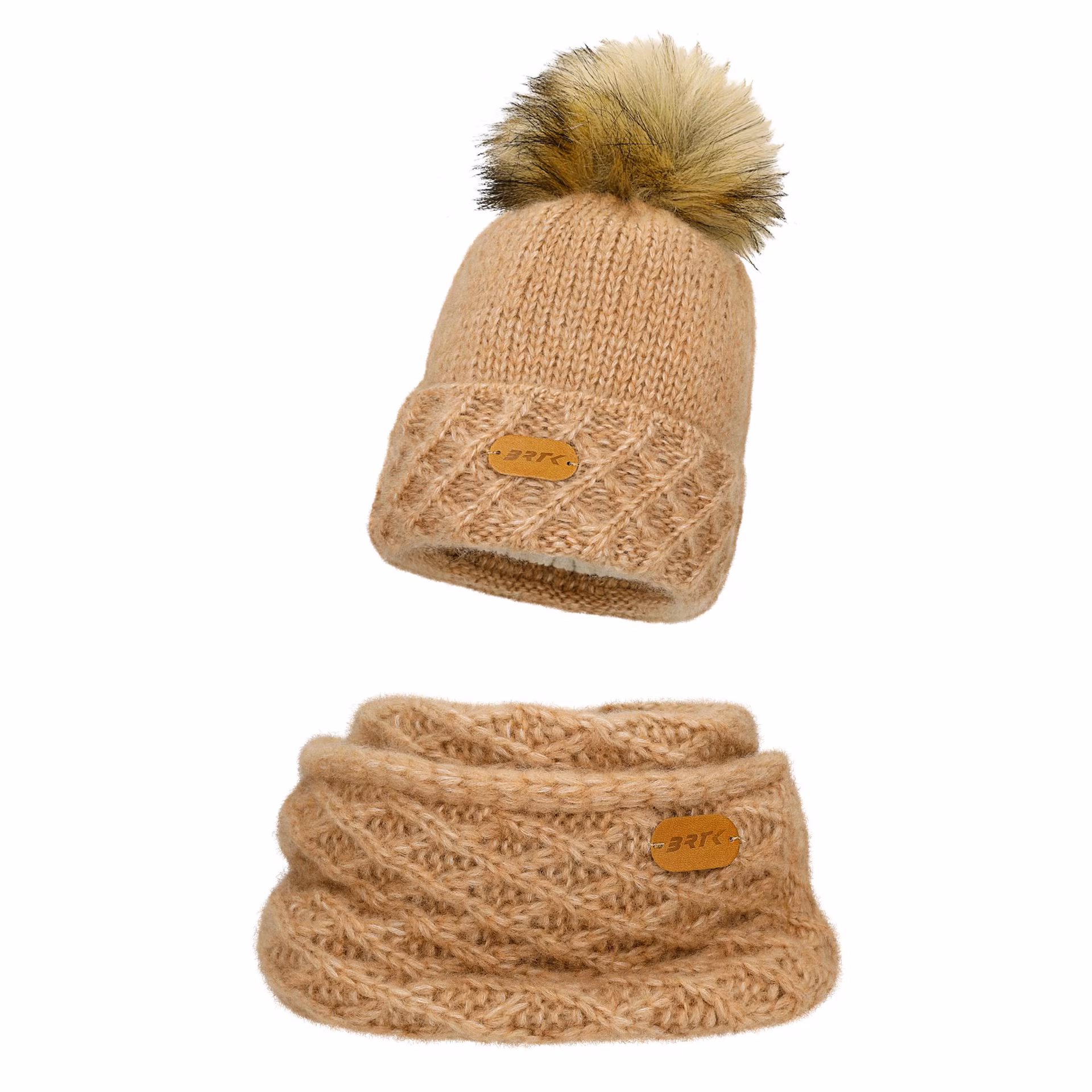 Jasnobrązowy zestaw BARTEK 85602-83 z wełną merino - czapka   komin