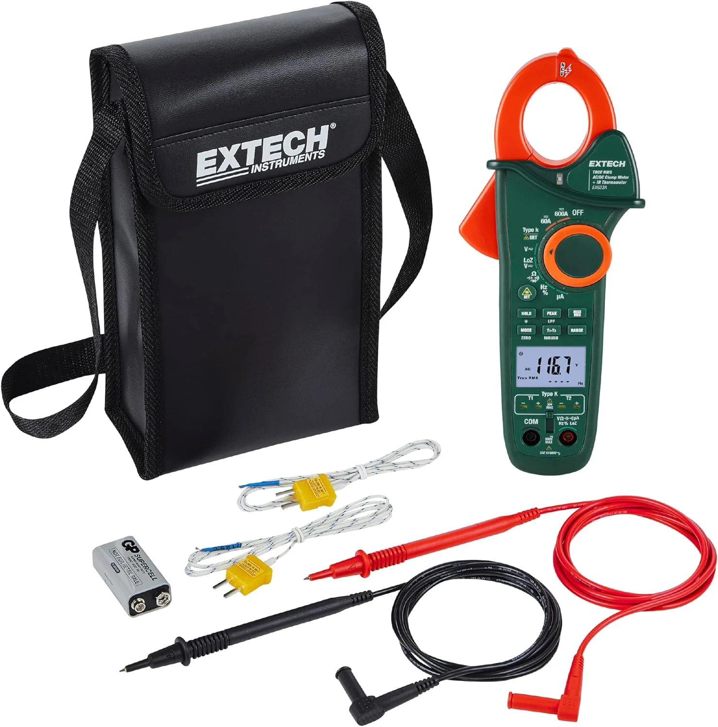 600A AC/DC clamp ammeter, featuring infrared function and dual types of K connection terminals.