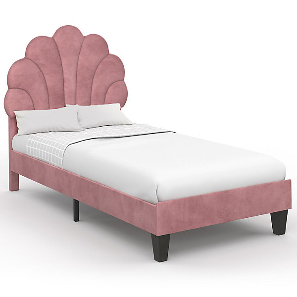 Lit simple coquillage 90 x 190 cm AMANDA avec sommier velours rose poudré
