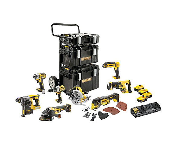 Pack 8 outils 18V XR   4 batteries 5Ah   chargeur   3 coffrets TOUGHSYSTEM - DEWALT - DCK853P4-QW