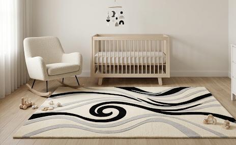 Modern Abstract Black and Gray Swirl Tufted Rug Cream Wool Area Carpet Contemporary Handmade Living Room Decor Luxury Floor Art