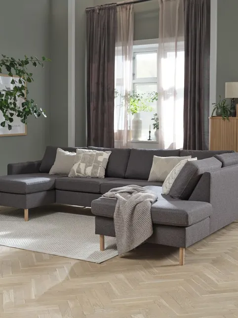 Hjørnesofa HELLERUP højre grå stof/natur eg