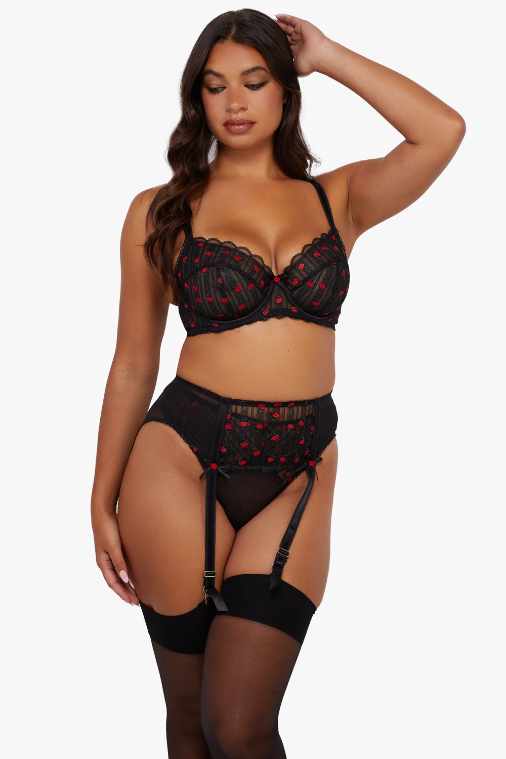 Playful Promises Elodie Black And Red Rosebud Embroidery Susp Belt
