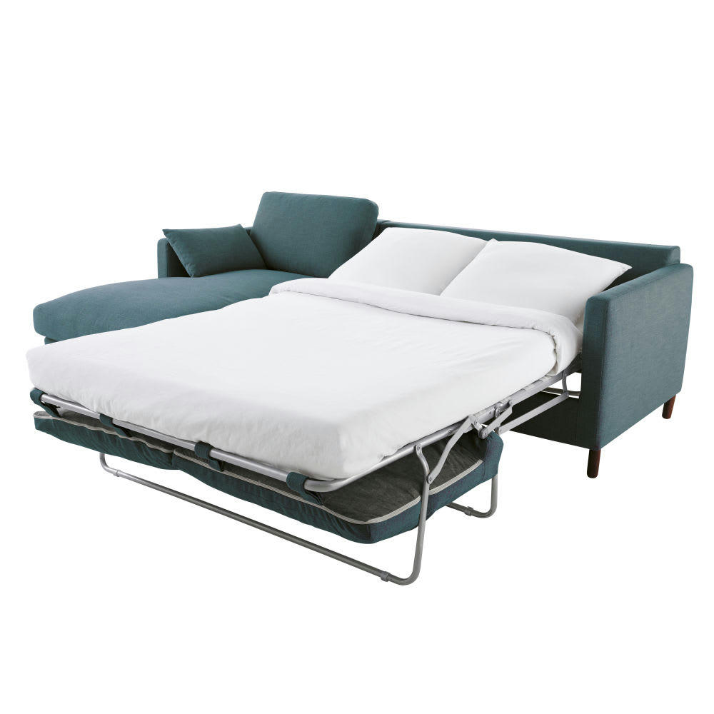 Julian - Canapé d'angle gauche convertible 5 places bleu pétrole, matelas 10 cm