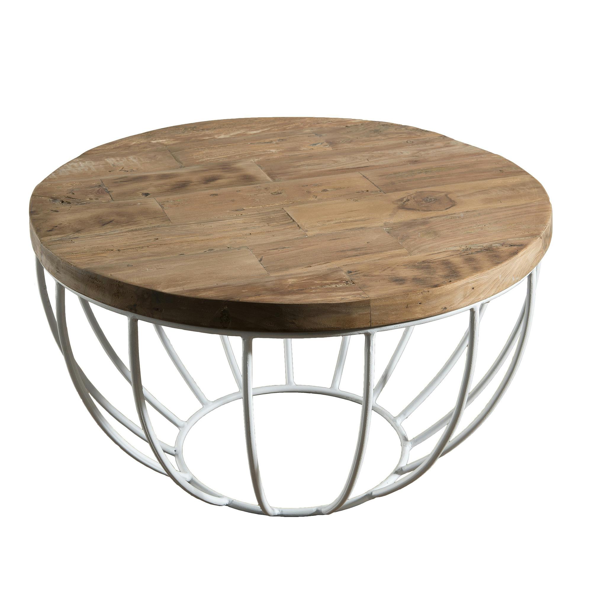 Petite table basse ronde teck recyclé structure filaire blanche SWING