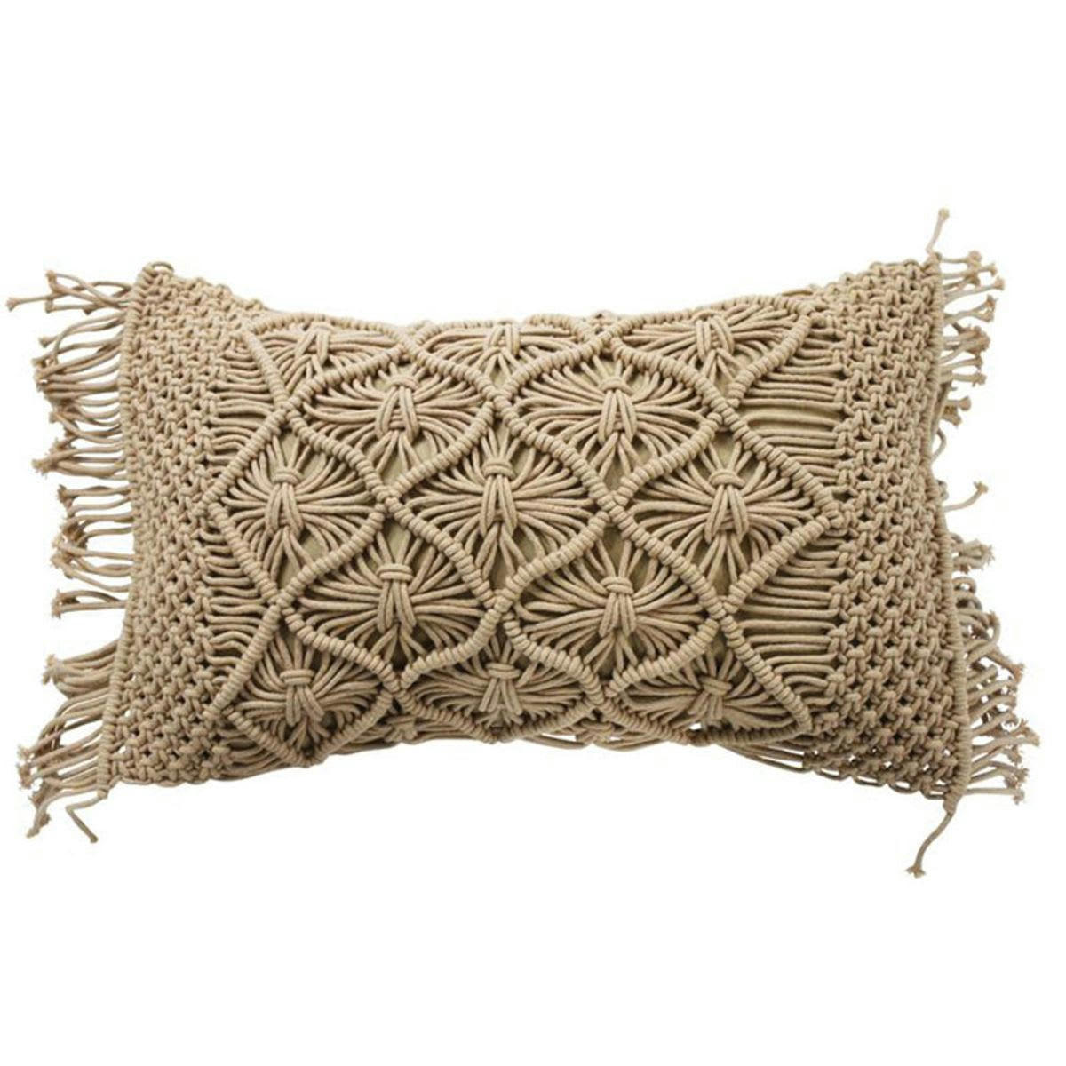 MACRAME - Coussin macramé en coton tressé rose nude 30x50