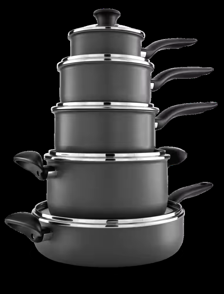 T-fal Hard Titanium Cookware Set, Non-stick, Dishwasher & Oven Safe, Black, 10-pc