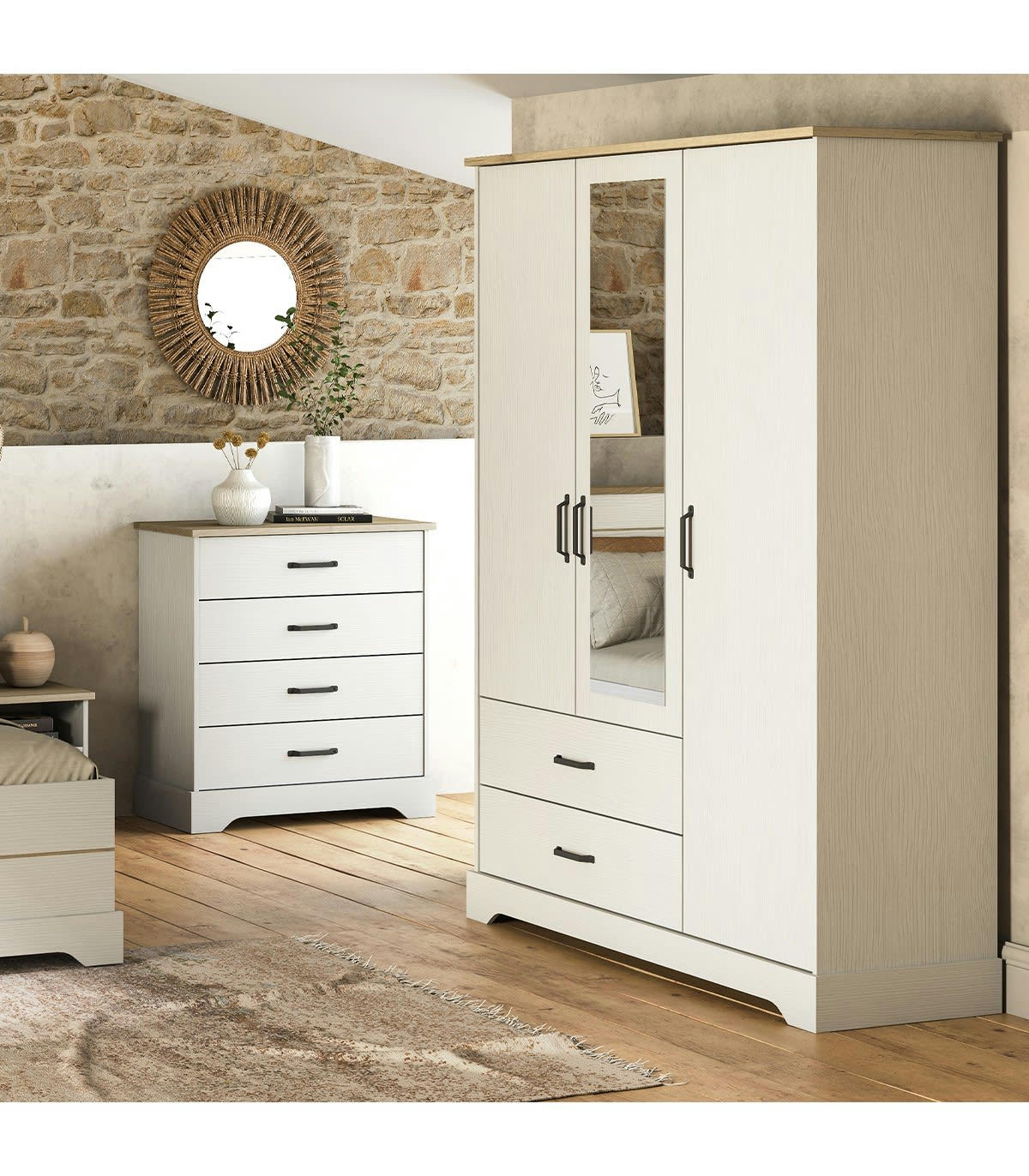 COTTAGE - Armoire 3 portes, 1 miroir et 2 tiroirs - H199,60 cm