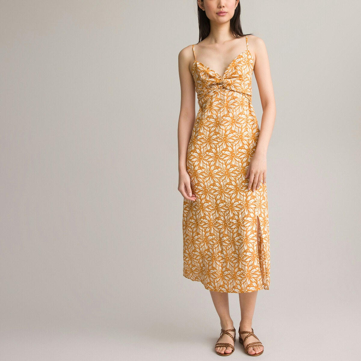 Robe fines bretelles, imprimé floral en lin