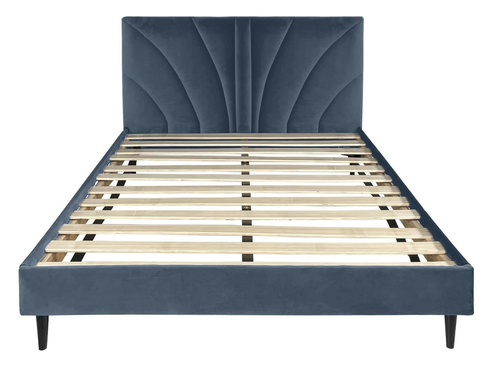 BENJI - Lit avec matelas 2 places  en velours bleu gris 140x190
