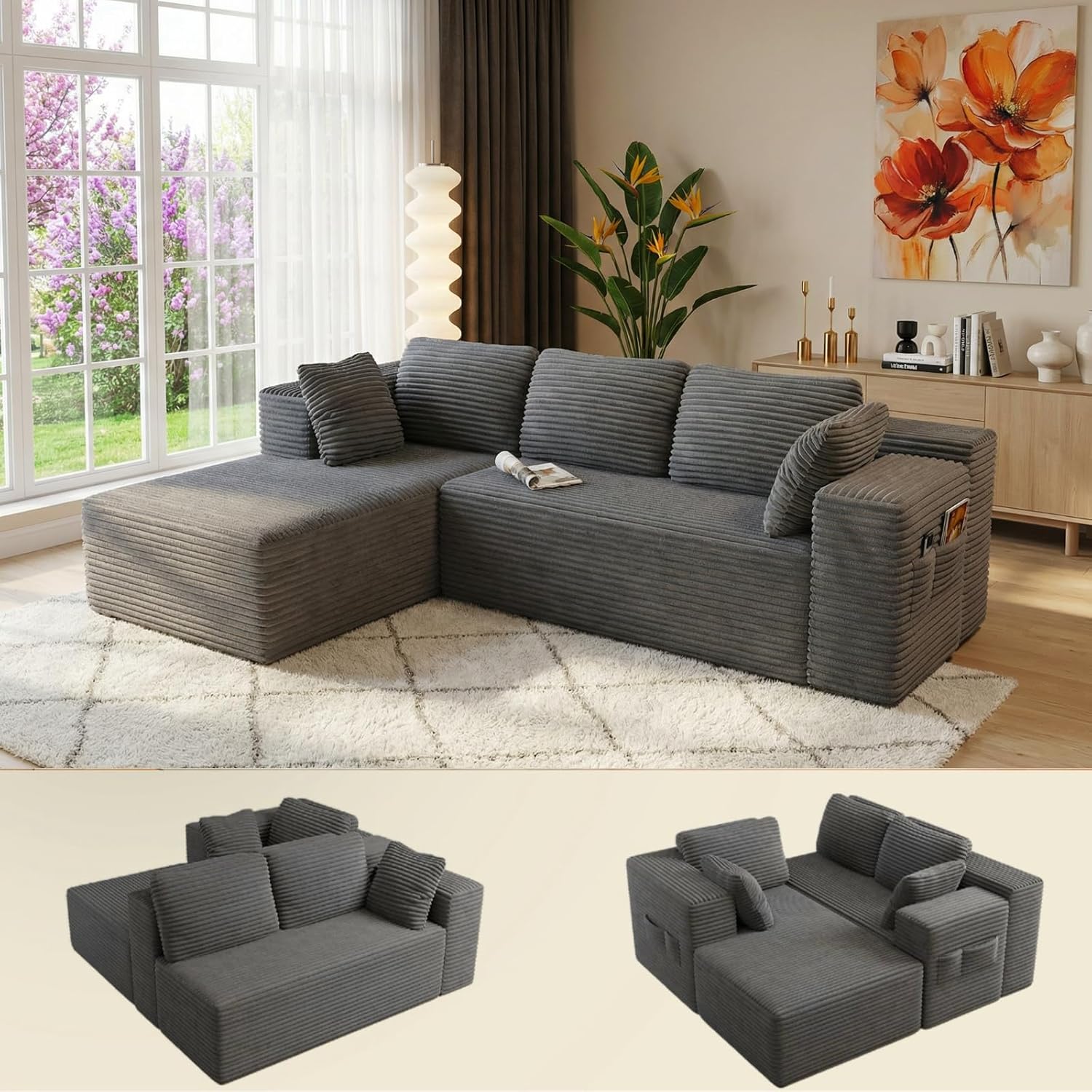 Gizoon 105 Oversized Floor Sofa Sectional, L Shaped Modular Cloud Couch with Chaise, Deep Seat Corduroy Memory Foam Boneless Couch for Living Room, No Assembly (Grey, Left Facing Chaise)