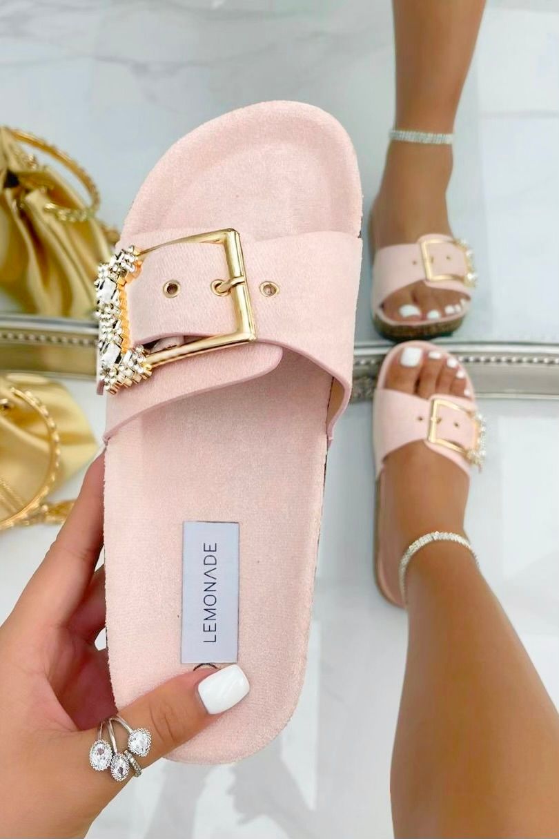 Love Lemonade Crystal Chunky Buckle Sliders