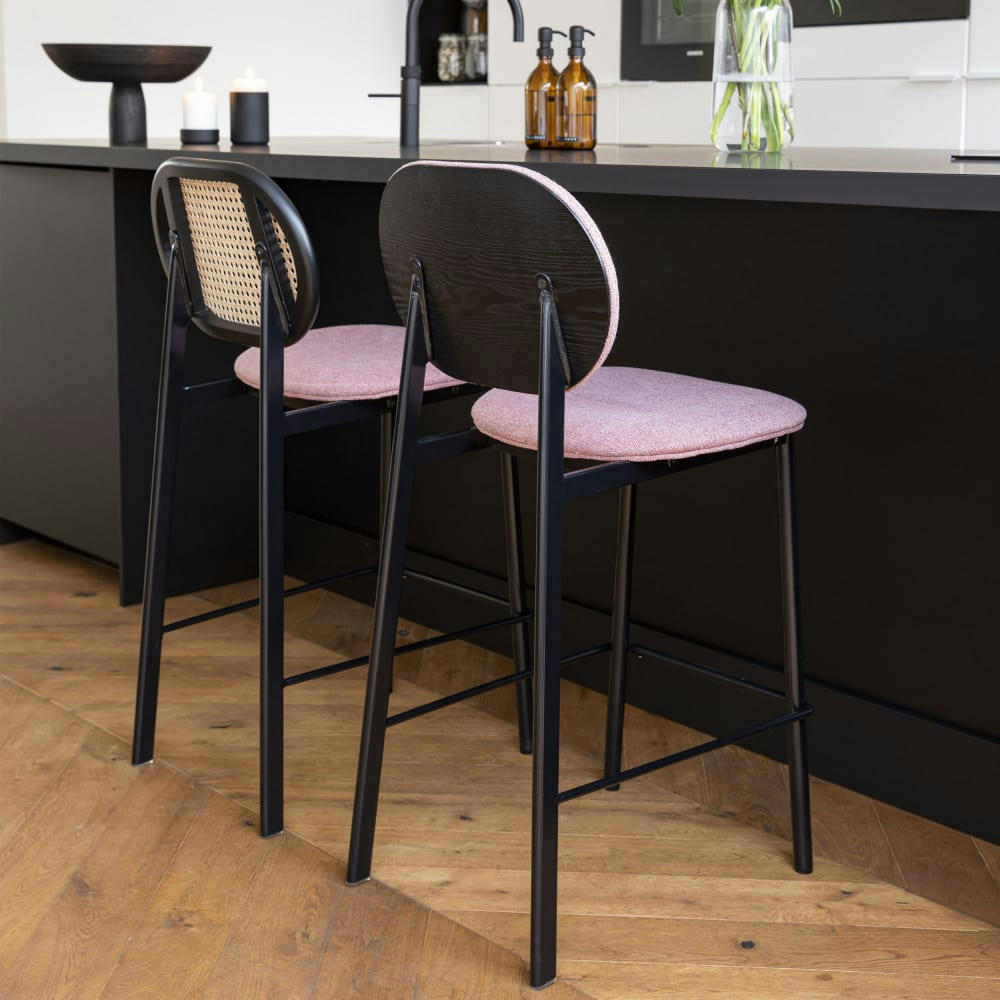 SPIKE - Tabouret de bar en tissu et cannage 65cm rose