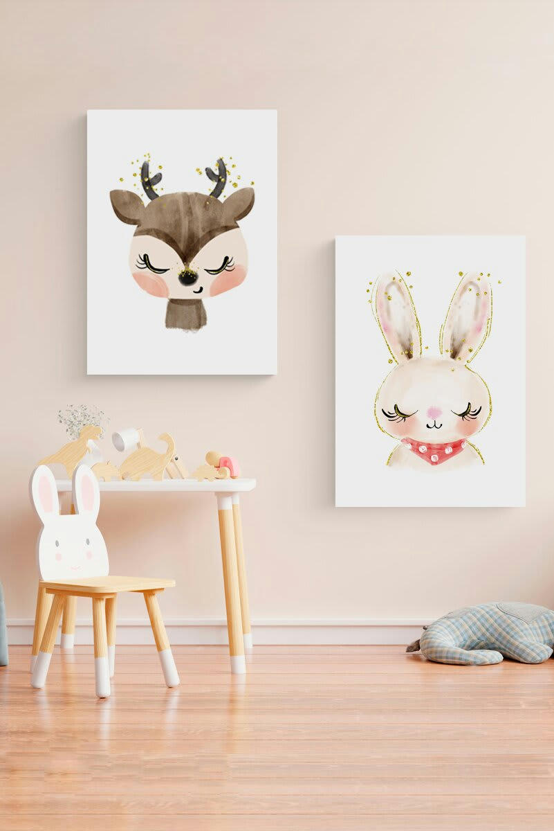 DECOWALL - Pack encadré bois blanc impression le lapin et le cerf 43X33 cm