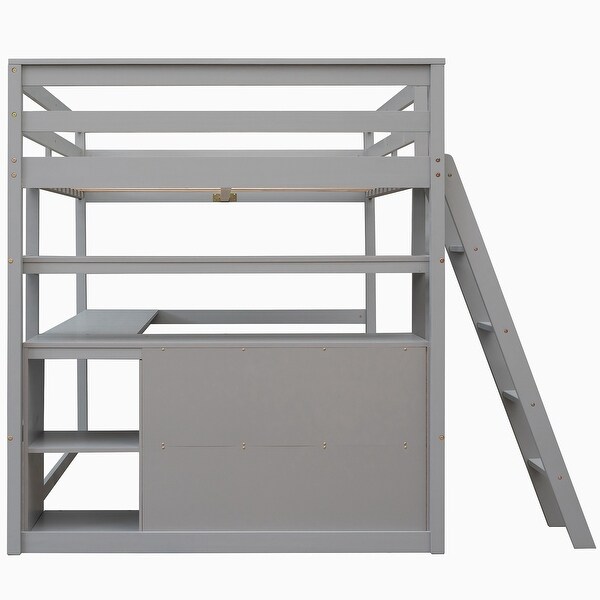 Full Size Loft Bed with Desk, Shelves and Built-in Drawers