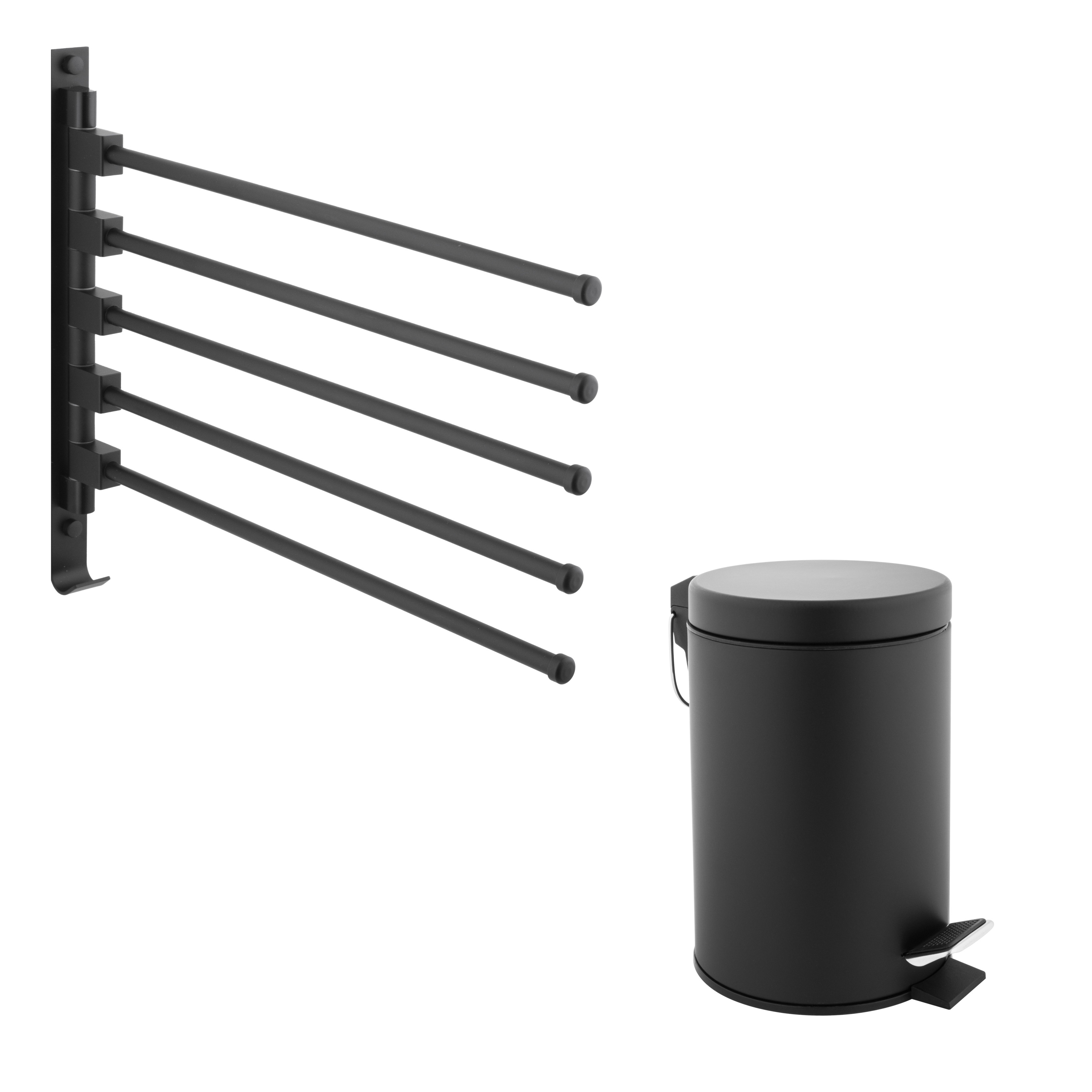 Yoka Home zestaw łazienkowy czarny kosz 3L   wieszak ścienny 5-ramienny